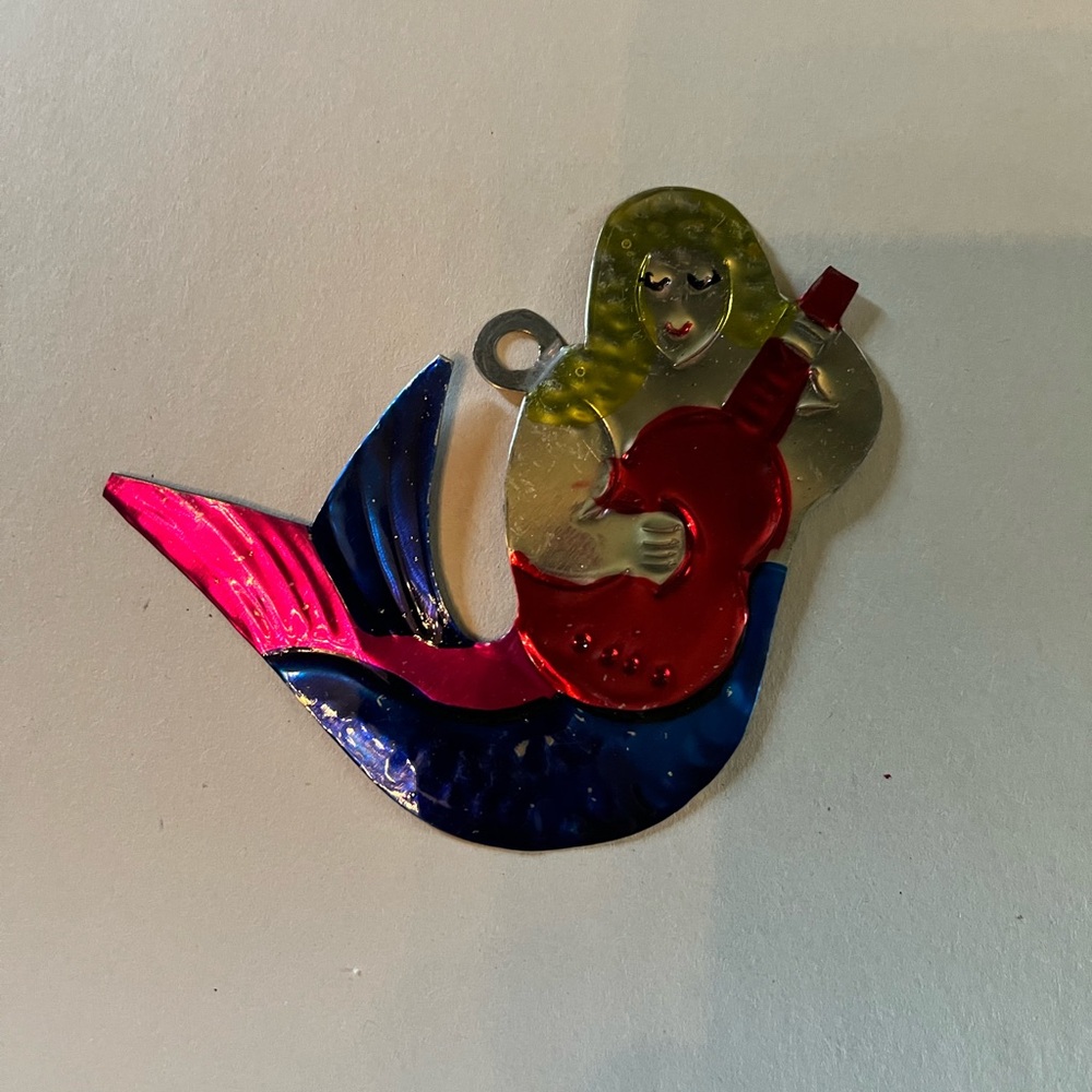 Hand painted Mexican tin art, colorful mermaid